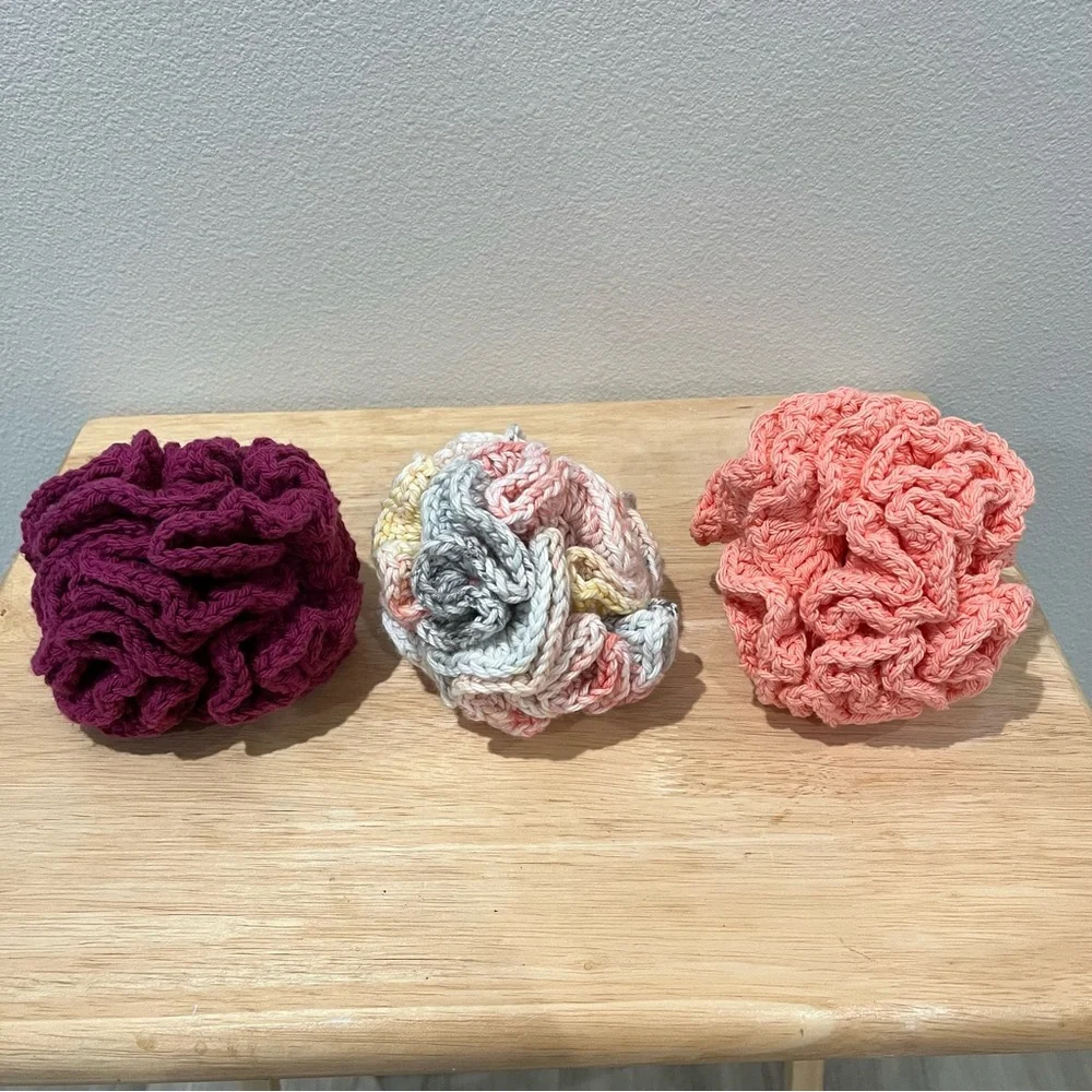 Set of 3 Crochet Peach/Burgundy/Gray Eco-Friendly Bath Loofahs with Hanging Loop